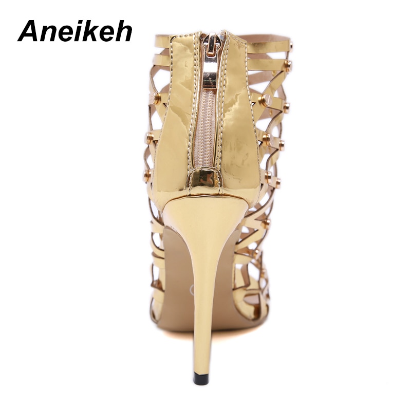 Aneikeh sommer gladiator sandaler guld ankel dame sandaler bur høje hæle romerske sko 12 cm fest dans størrelse 35-40