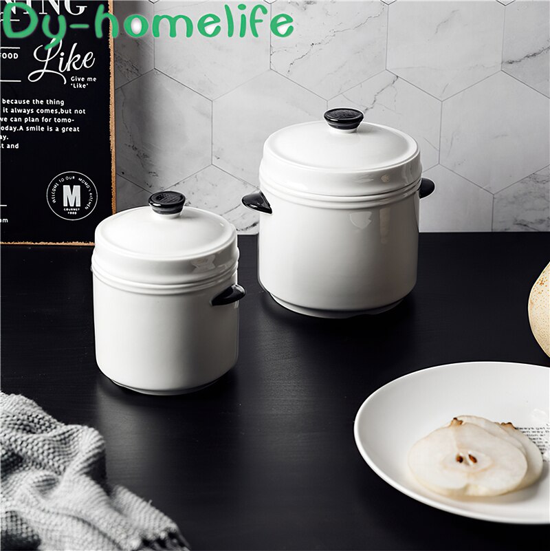 Ceramic Stew Pot Korean Double Ear Double Cover White Round Soup Bowl Cooking Utensils Household Kitchen Supplies Tableware