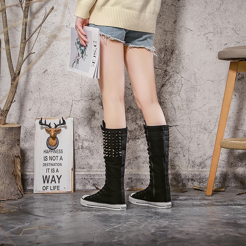 Ryamag-Botas planas de lona con remaches para mujer, calzado con cordones y cremallera, vulcanizado, Botas Largas, Punk,