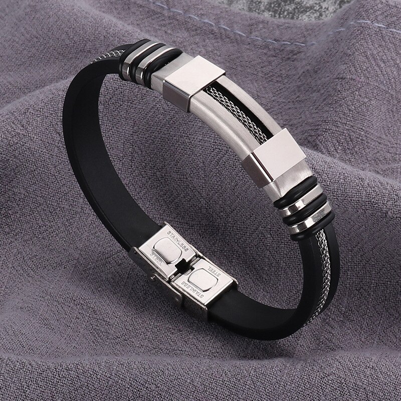 Stainless Steel Silicone Bracelet Men's Charm Metal Folding Buckle Bracelet Trend Jewelry: A11165-silver