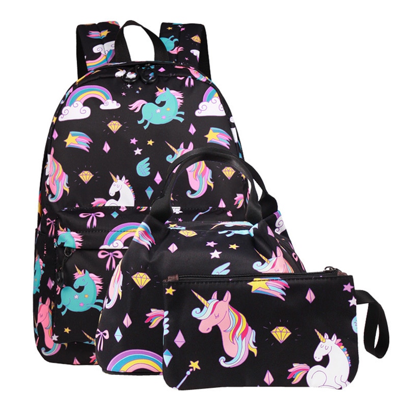 Unicorn print ryggsekk vannavvisende isolasjonspakke 3pc/ sett ryggsekk fritidsreiser stor kapasitet studentveske