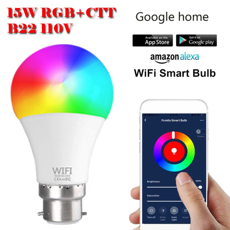 Smart Wifi Led Lamp 15W E27 B22 Led Slimme Lamp Neon Changing Lamp 110-220V siri Voice Control Alexa Google Assistent: 110V B22