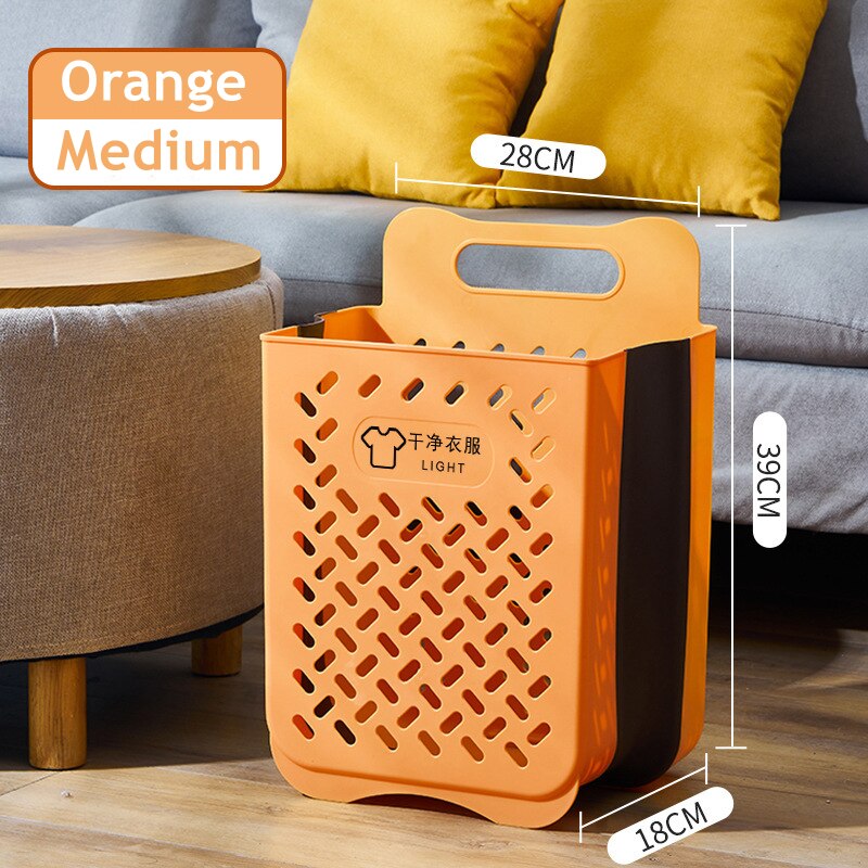 Panier de rangement pour vêtements sales, grand panier à linge mural, pliable, sans perforation, pour la maison: Orange-Medium