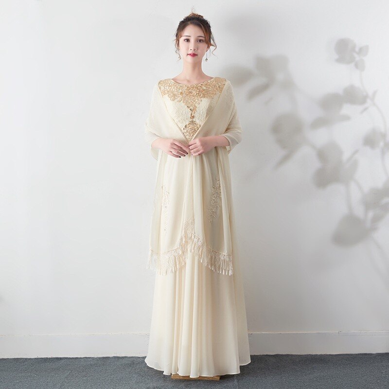 Longue mousseline de soie étole dentelle Appliques perlées robes de soirée châles de mariage enveloppes avec gland Capes de mariée fête: Champagne