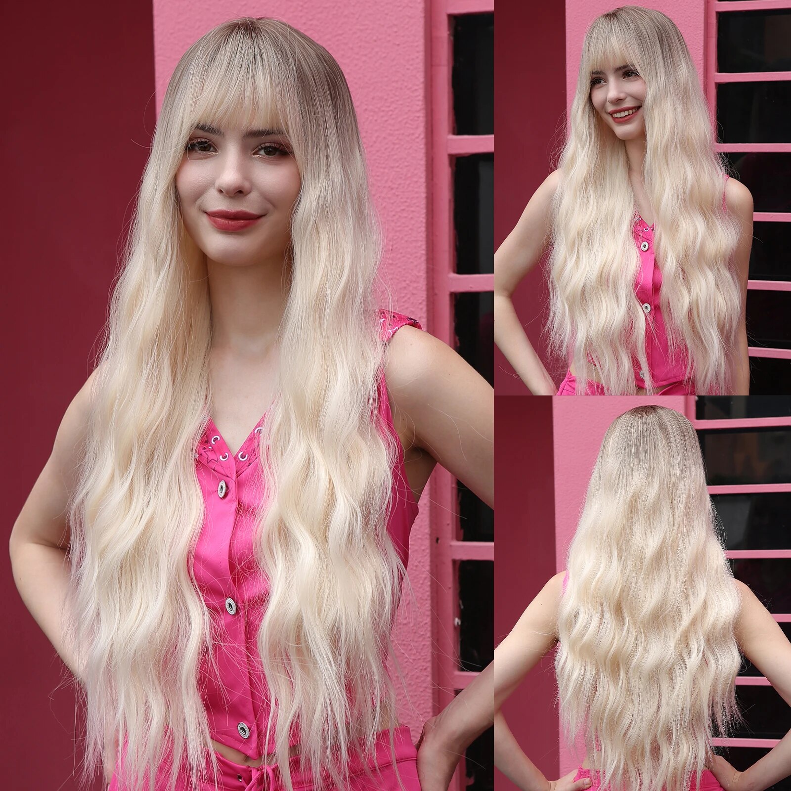 Perruque Synthétique Longue Ondulée Orange pour Femme, Cheveux Naturels Ondulés avec Longue Frange, Perruques de ixCosplay, Degré de Chaleur