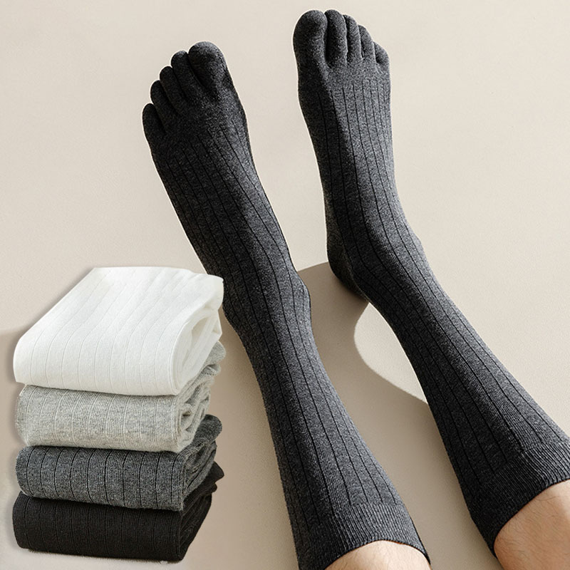 Calcetines hasta la rodilla a la con cinco dedos para hombre, calcetines a rayas de Color sólido hasta la pantorrilla, calcetines con punta abierta y absorción del sudor para primavera y verano, 5 dedos