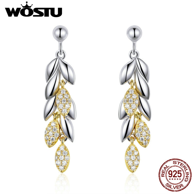 Wostu Oorbel Sterling 925 Zilver Goud Tarwe Oorbellen Zirkoon Dangle Zilveren Oorbellen Voor Vrouwen Mode-sieraden CTE025