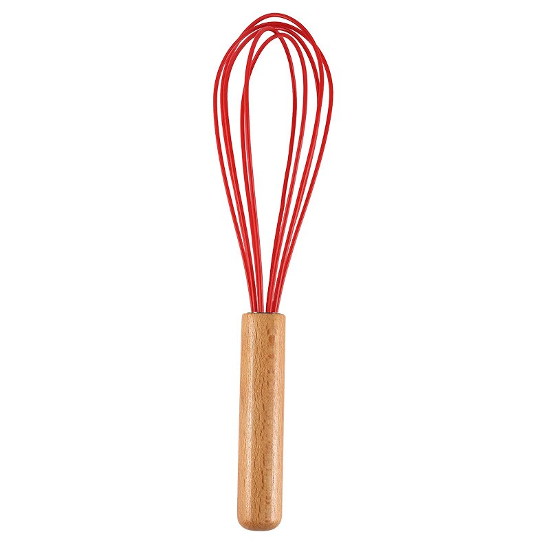 Wooden Handle Kitchen Silicone Whisk Easy To Clean Egg Beater Milk Frother Kitchen Utensil Kitchen Silicone Egg Beater Tool: Red