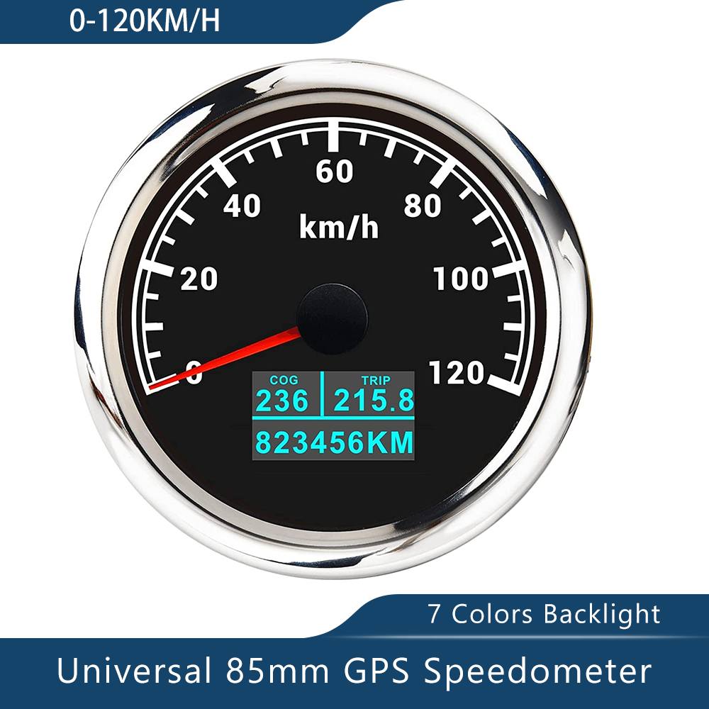 Novo velocímetro de 85mm gps 0-30/60 nós 0-60/80/120/160/200 mph 0-60/120/200km/h com luz de fundo de 7 cores para a motocicleta do barco do carro: 120KBS