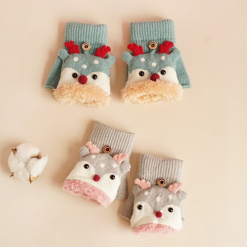 Kinderen Winter Handschoenen Kerst Leuke Cartoon Elanden Flip Halve Vinger Wanten Voor Meisje Jongen Kids Warme Pluche Gevoerd Vingerloze handschoenen