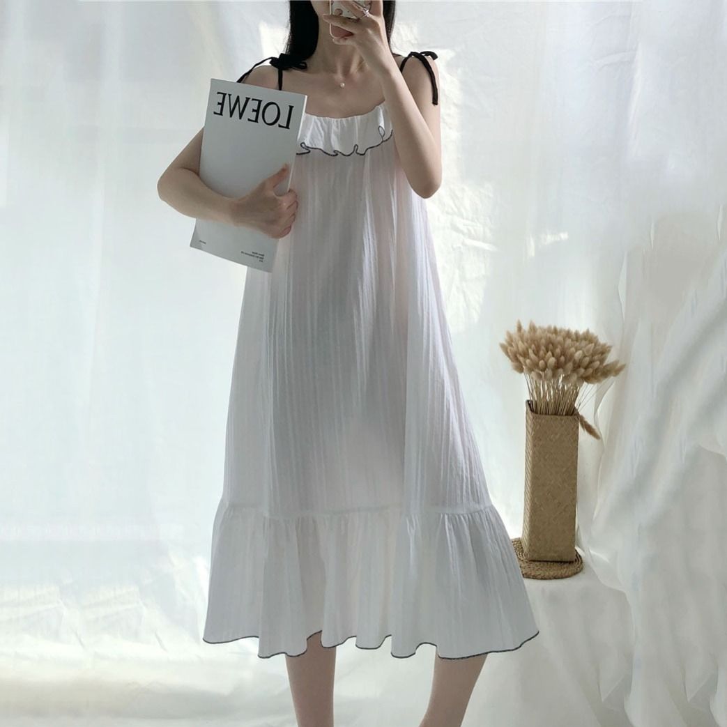 Nachthemden Vrouwen Spaghetti Band Ruches Wit Zomer Koreaanse Stijl Nachtkleding Feminino Mouwloze Zachte Knielange Elegante: white / L