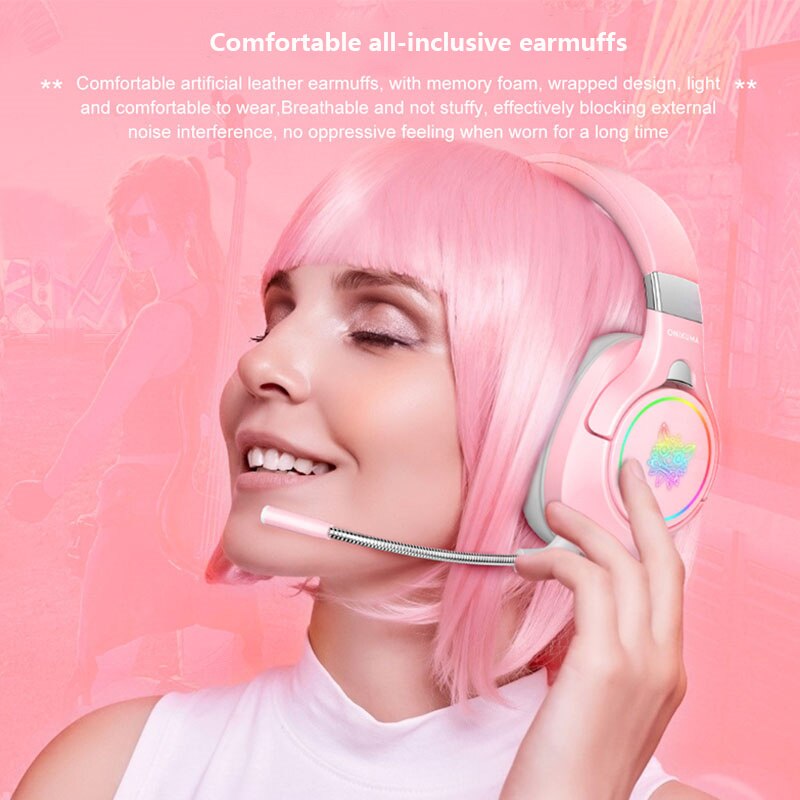 product K15 cute pink head-mounted wired gaming headset with microphone RGB lighting foldable PC stereo headset