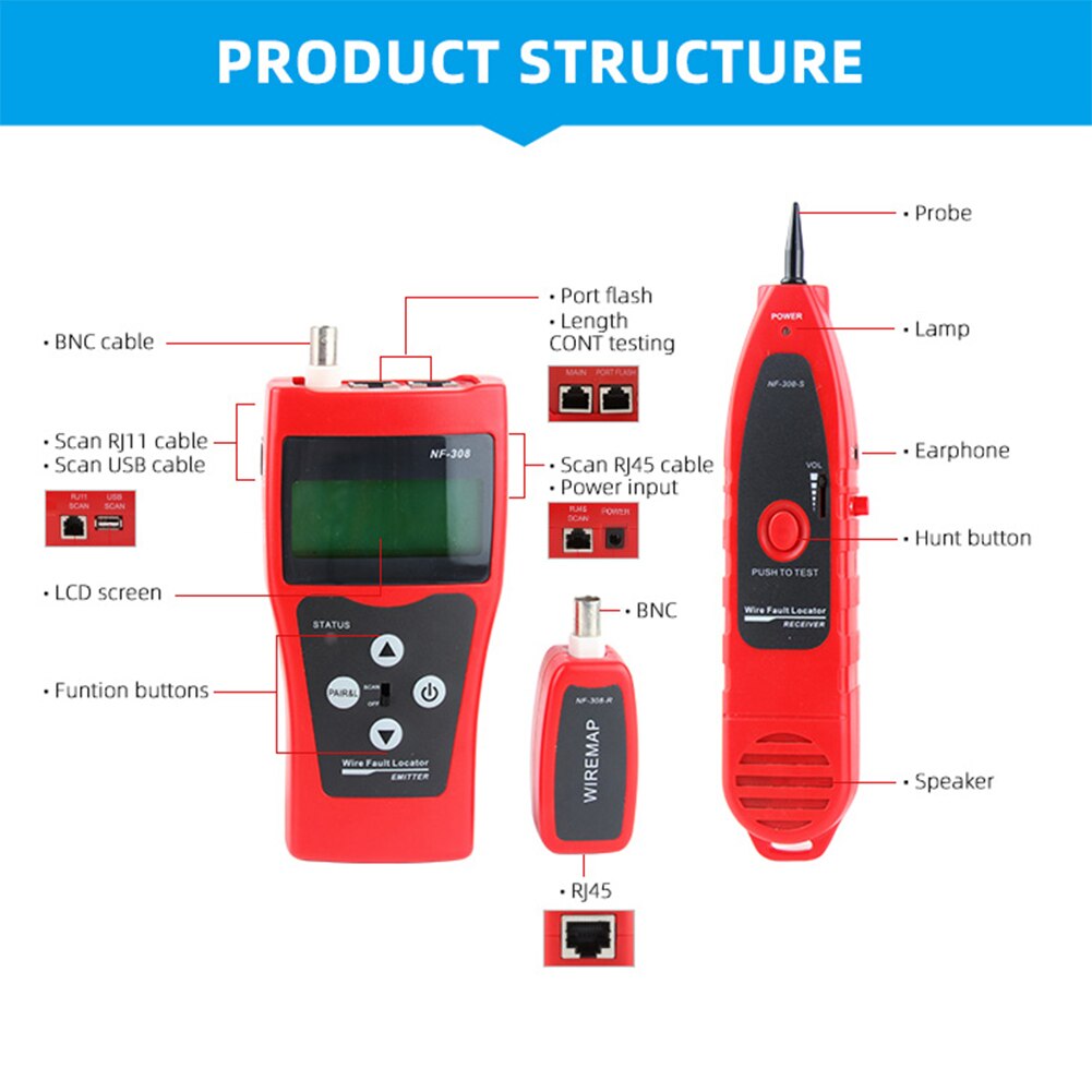 NF-308 Measure Network LAN Cable Length Cable Continuity Test Wire Tracker RJ45 RJ11 Ethernet Cable Tester