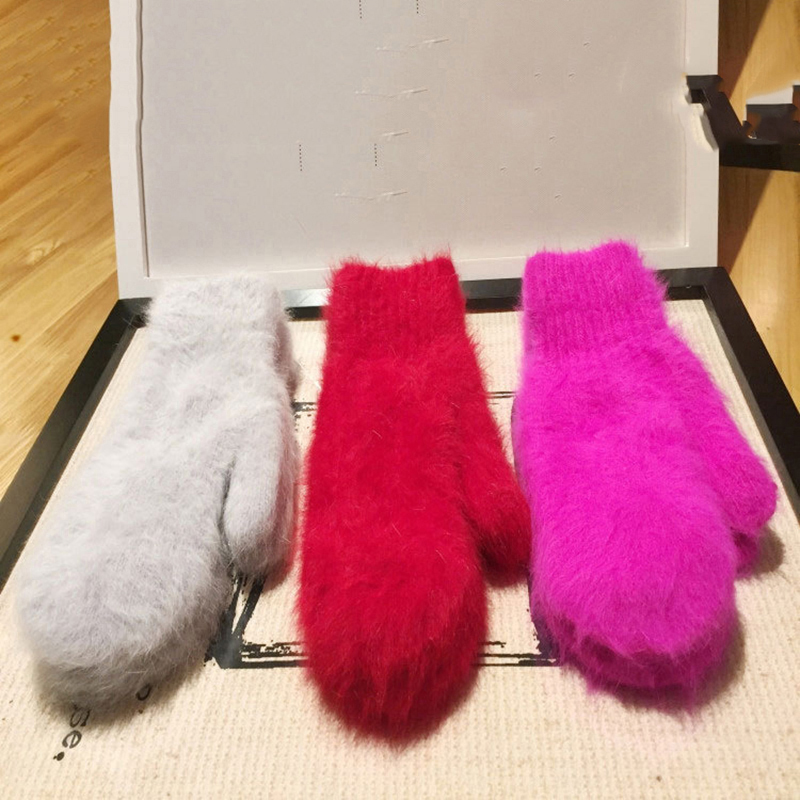 Frauen Mädchen Kaninchen Haar Handschuh Winter Dicken Flauschigen Weiche Fäustlinge Weihnachten Einfarbig Freien Nette Warme Handschuhe