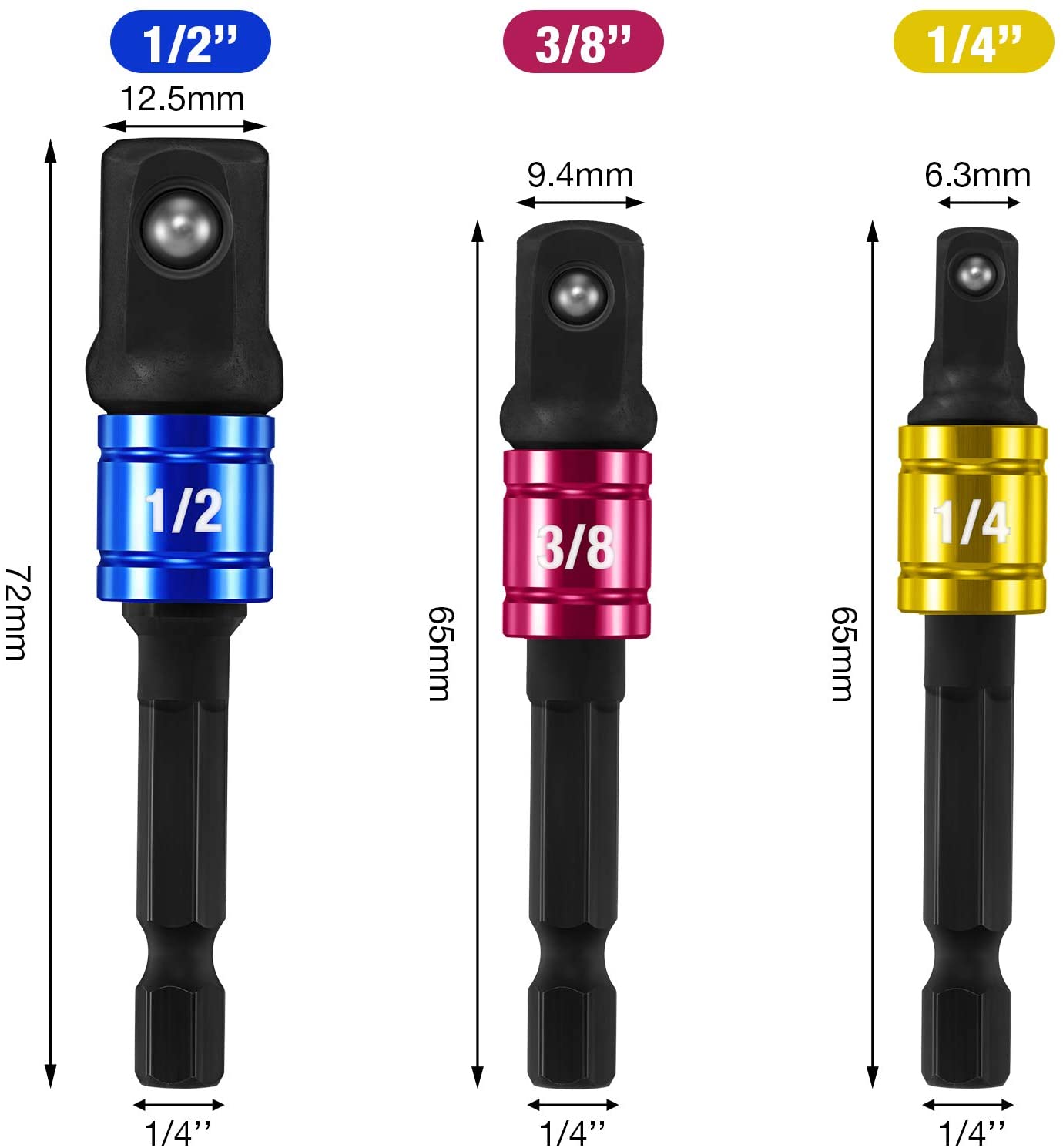 7 Piece Impact Grade Driver Socket Adapter Extension Set: 3Pcs