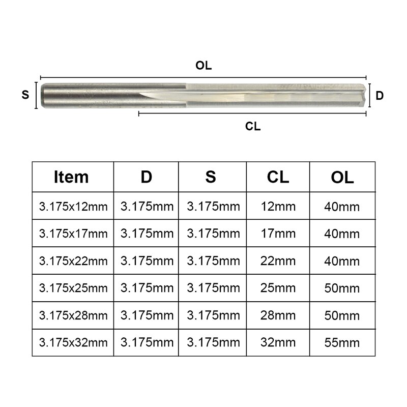 XCAN 10 pièces 3.175 tige 2 cannelure droite fente carbure fraise 12-32mm pour bois MDF plastique fraisage gravure