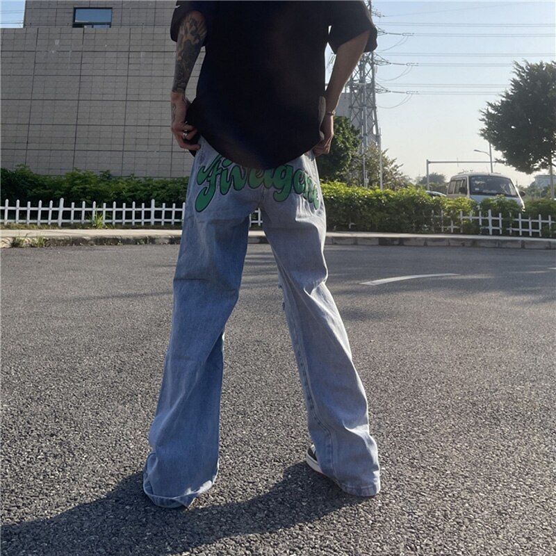 Pu wyszywane litery poszarpane dziury proste dżinsy dla mężczyzn główna ulica myte retro łączone dorywczo spodnie jeansowe luźne ponadgabarytowe