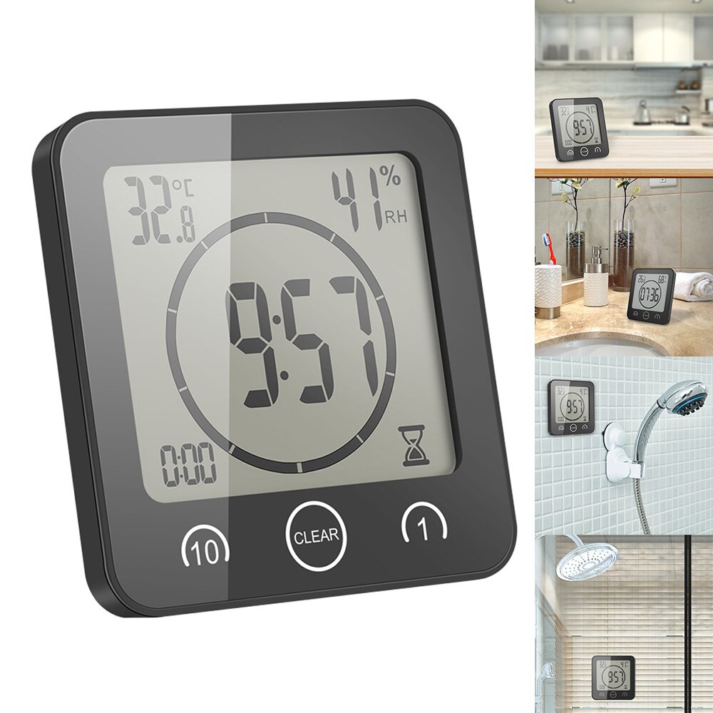 Reloj de pared con temporizador para baño, cronómetro Digital LCD con termómetro, higrómetro, ventosa