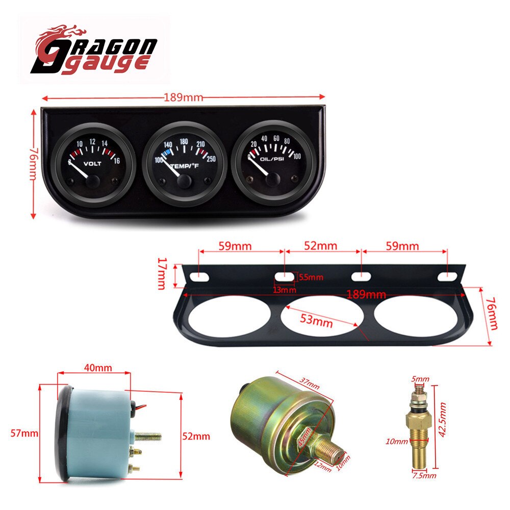 DRAGON GAUGE 52mm Car Triple Gauge Water Temperature(Celsius) Oil Pressure Voltmeter With Sensor Triple Gauge Kit for 12V Car