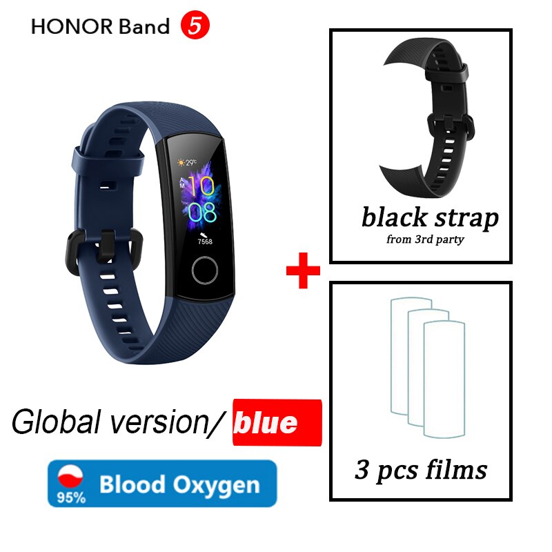 Honor band 5 wereldwijde versie smartband amoled hartslag fitness slaap zwemmen sport bloedzuurstofmeter: Blauw wereldwijd zwart