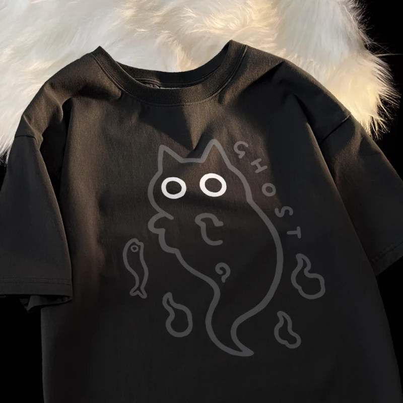 Ghost Cat Los T-shirt met korte mouwen voor dames Origineel Japans modemerk Paar Pure Cat Transparant Ghost Cat: XXL / Khaki