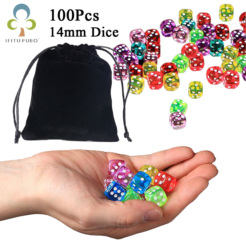 100Pcs 14Mm Kleurrijke Dobbelstenen Transparant Clear Dices Voor Board Game Bar Cambling Spelen Rpg Game Set Club Party accessoires Gyh