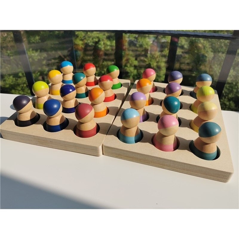6/12 stücke Häkeln Holz Regenbogen Puppen in Beanies für Pastell Stapelbar Blöcke Holz Natürliche Puppe in Stricken Hut montessori Spielzeug