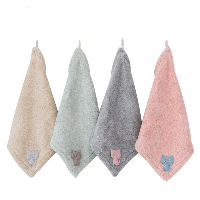 Coral Fleece Handdoek Keuken Handdoek 1Pc 25*25Cm Zachte Extreme Comfort Vierkante Kat Patch Borduren Handdoeken roze Groen Grijs