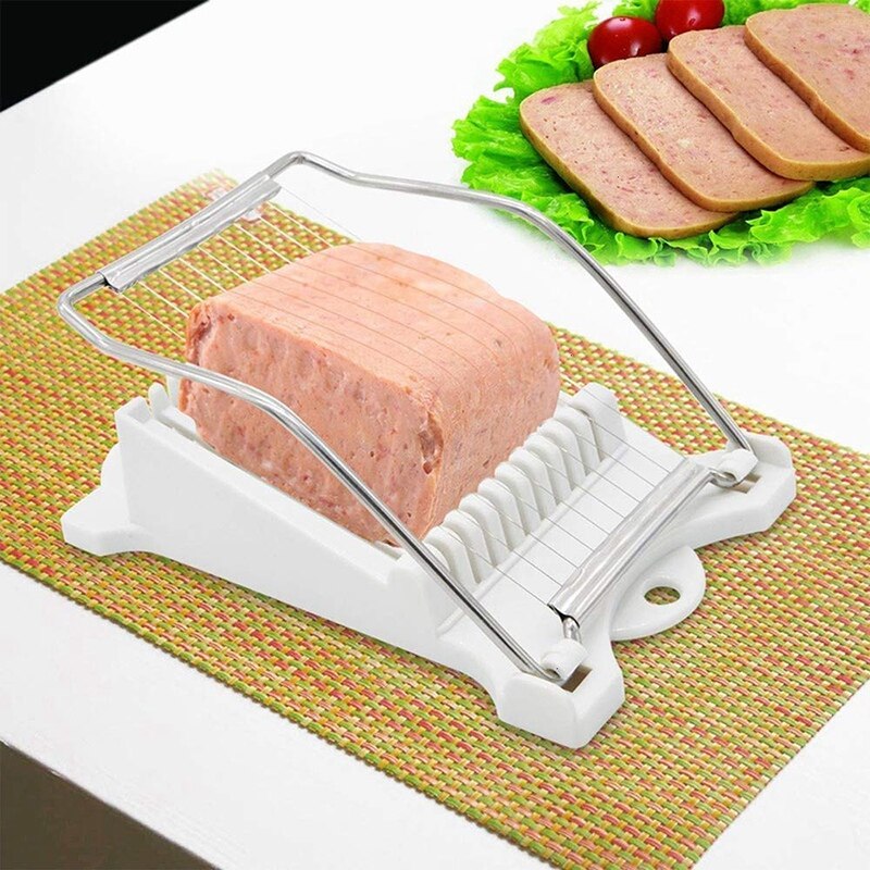 Stainless Steel Luncheon Meat Slicer Egg Fruit Sushi Soft Food Canned Meat Cutter with 10 Cutting Wire White