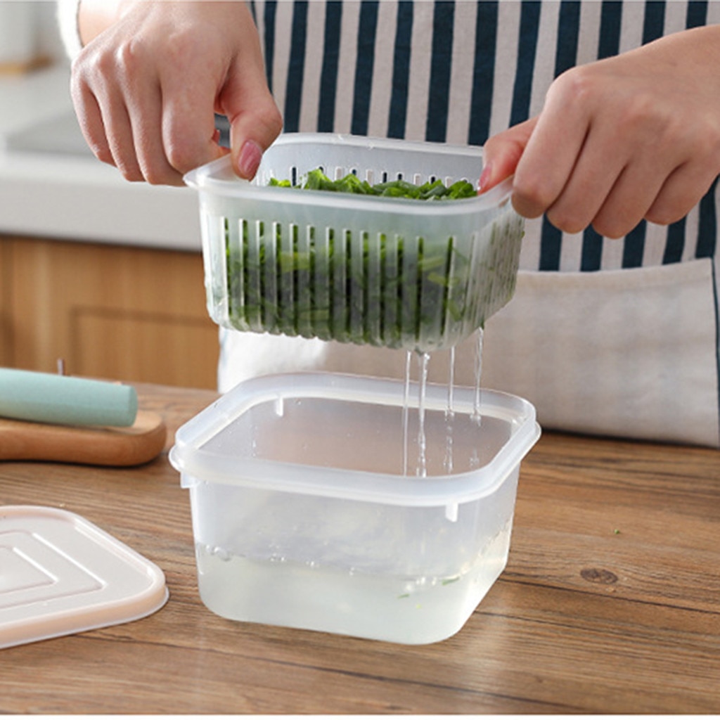 Food Storage Box Square Drain Sealed Box Ginger Garlic Onion Food Container Refrigerator Storage Homekitchen Fruit Drain Case@35