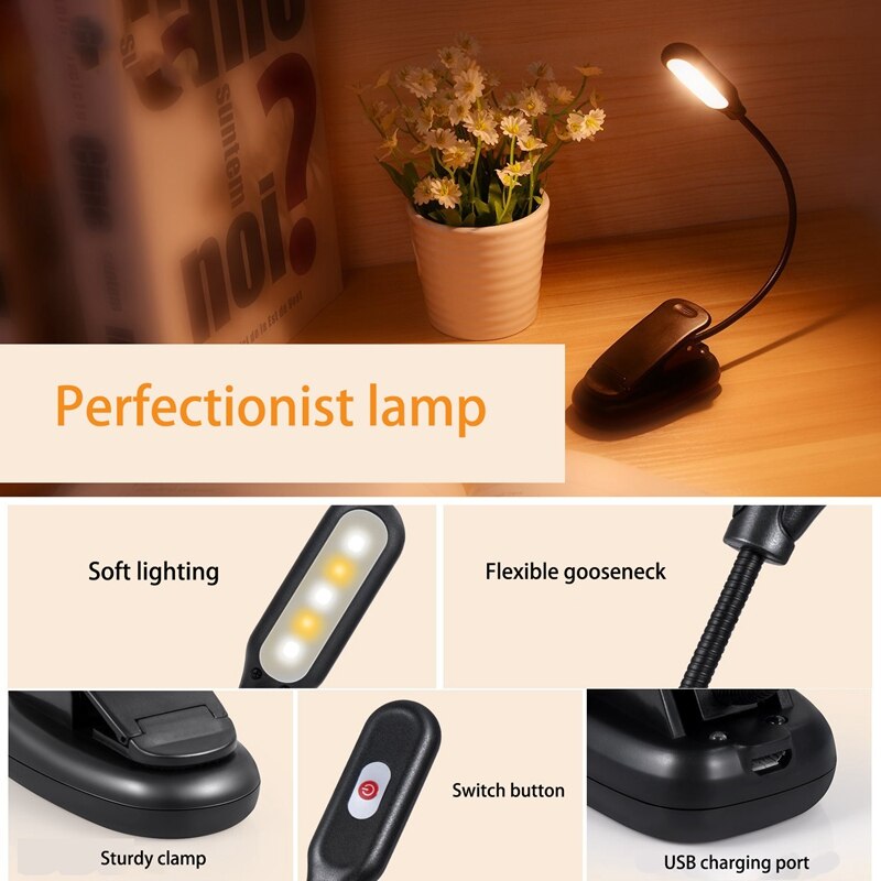5 Led Boek Licht, Usb 3 Helderheid Niveaus Clip Leeslamp,, flexibele Clip On Book Light Reading