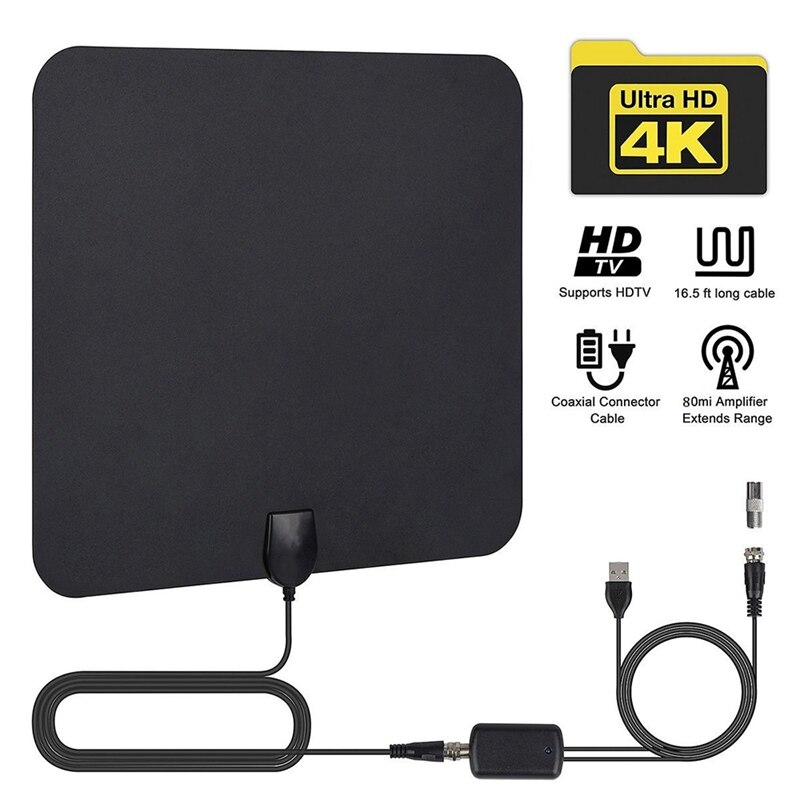 TV Antenna, Amplified Digital HDTV Antenna, Support 4K 1080P HD VHF UHF Local Channels, 80 Miles Range With Amplifier