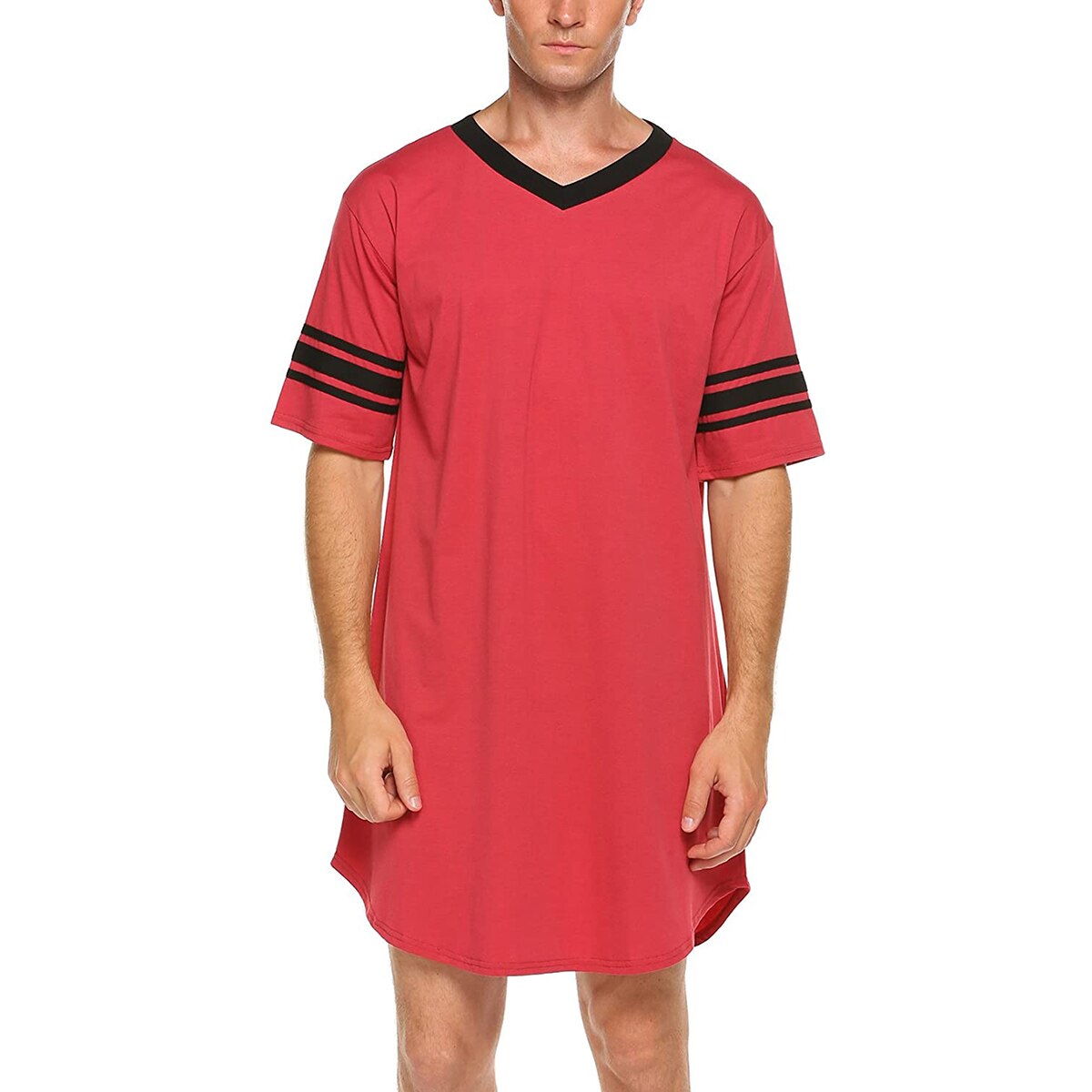 Men Cotton Nightshirt Sleep Tops Short Sleeve V-neck Soft Loose Nightwear Sleepwear Casual Homewear Summer Male Nightdress: Red / S