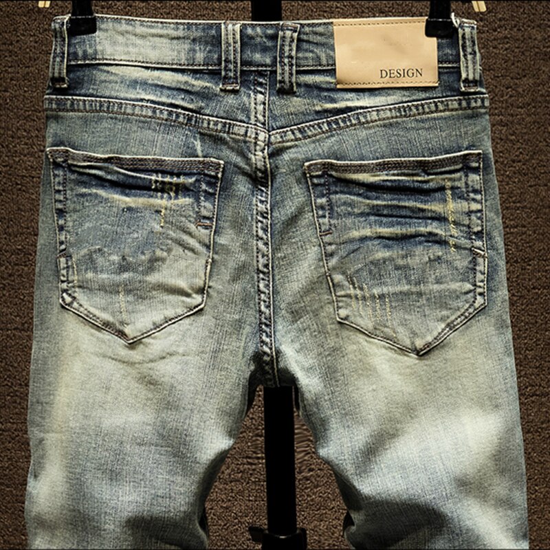 Ripped jeans til mænd slim fit retro blå stretch hip hop forår efterår herre jeans mærke ødelagt iturevne mænds denim jeans