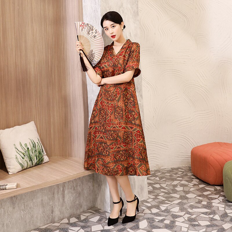 Vestido chino Cheongsam de mujer impresión moderna de manga corta Vestidos Midi señoras Ropa de talla grande 4XL Vestidos Chinos: 2 / M