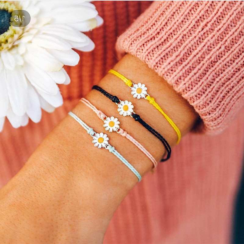 Armbanden Voor Vrouwen Bohemian Zonnebloem Zon Bloem Daisy Armband Legering Verstelbare Geweven Kaart Armband Charm Armbanden Voor Vrouwen