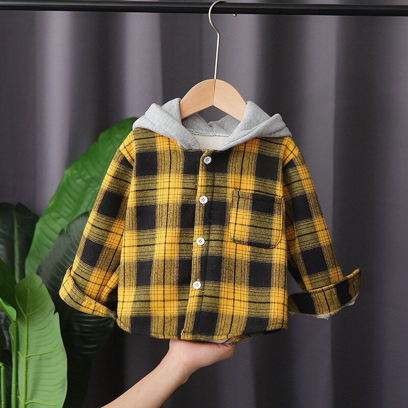 Kinderen Jassen Kinderkleding Jongens Plus Fluwelen Winter Enkele Stuk Plaid Shirt Lange Mouwen Capuchon kinderen: Yellow / 24M