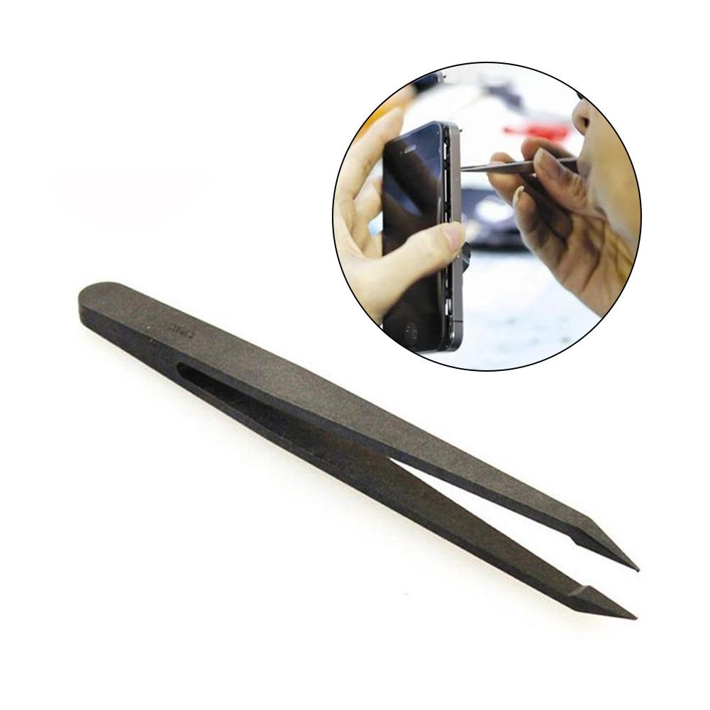 Juego de Herramientas antiestáticas de fibra de carbono negro, pinzas de plástico, punta plana, codo, boca ancha redonda