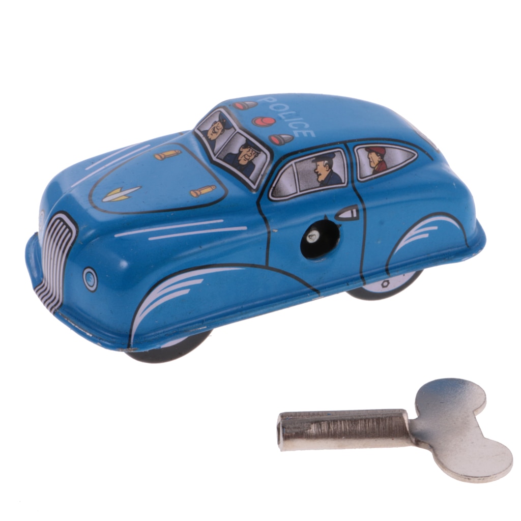 Blauwe Klassieke Politie Auto Tin Toy Collectible Clockwork Wind Up Speelgoed Voor Kinderen