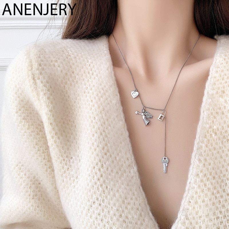 ANENJERY-collier Vintage pour femmes, serrure à clé en forme de cœur d'ange, collier de couleur argent thaïlandais, à la , bijoux à offrir, S-N652