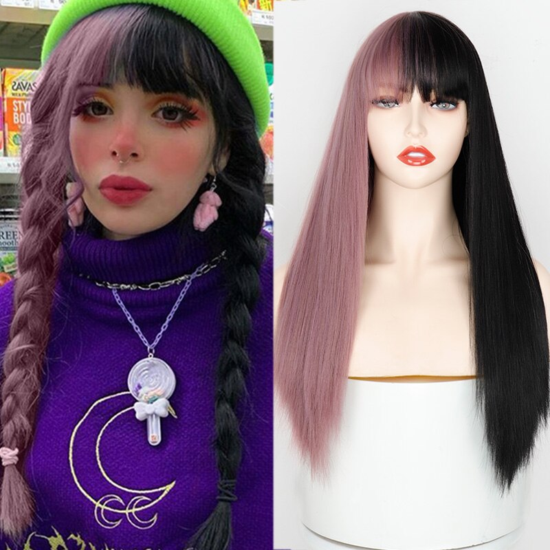 Synthetic wig Purple and Black Wig Long Straight hair Cosplay Wig Halloween wig Two Tone Ombre Color Women Hair Wigs Pink Green