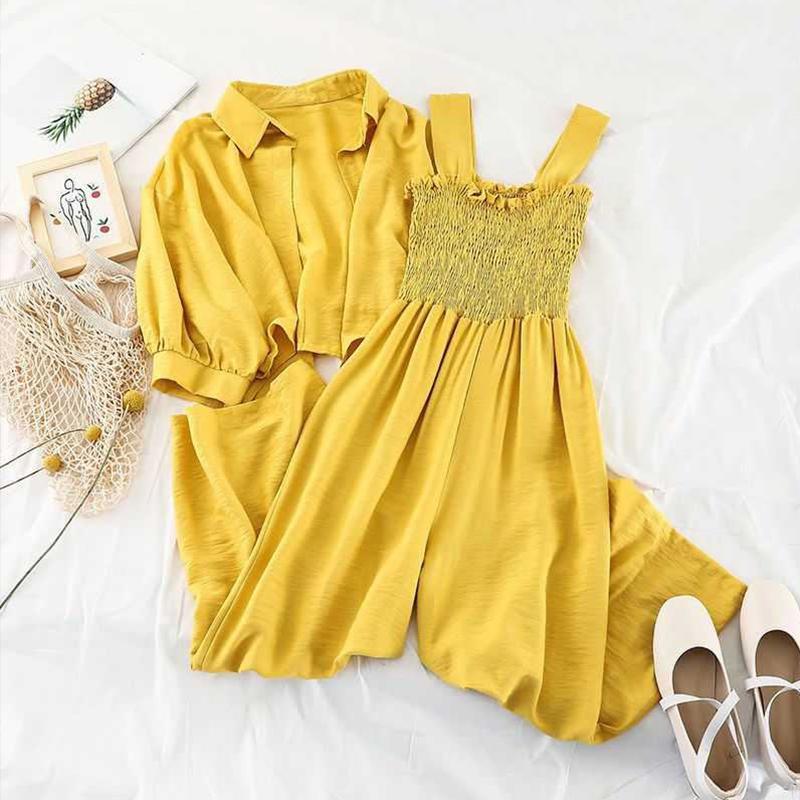 FTLZZ Summer Two Pieces Set Women Loose Short Sunscreen Jacket + Suspending Rompers Clothing Female Casual Holidays Suit: Yellow