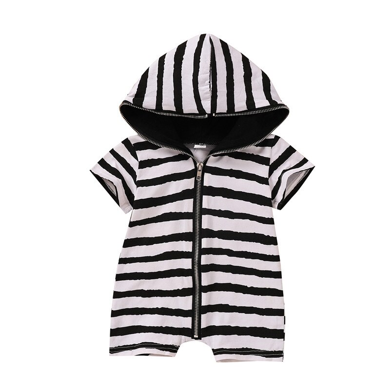 Infant Short Sleeve Romper Summer Baby Black White Stripe Patterns Zipper Open Front Hooded Jumpsuit for Boys and Girls: 12M