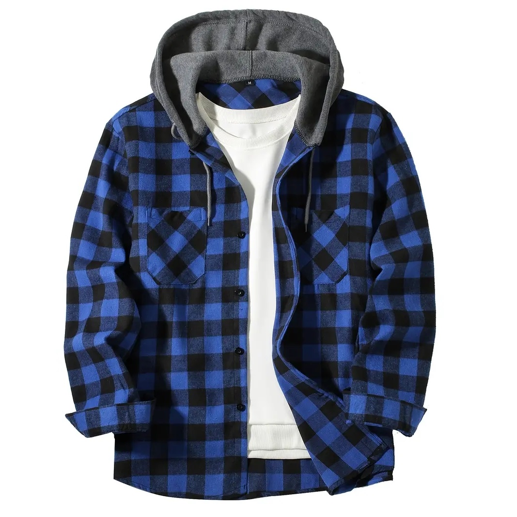Herrenhemden, klassisch, kariert, lässig, Taste-Nieder-Kapuze, langärmelig, Doppeltaschen, Hemd, Kapuzenpullover, Flanelljacke, Frühlings- und Herbstoberteile