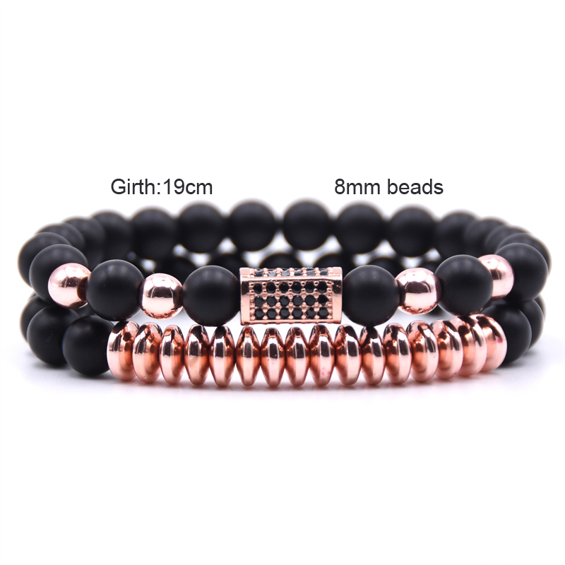 2 pçs/set Micro Pave CZ Longo praça Encantos Pulseiras para mulheres dos homens 8 milímetros Fosco contas de pedra Pulseira de homens jóias presentes