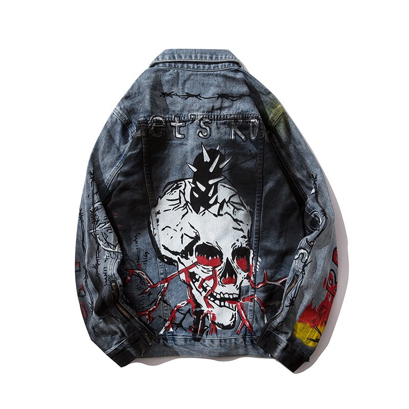 Osobowość moda męska znosić metal głaz punk styl graffiti biodro-hopowe kurtki jeansowe parodia nadrukowana czaszka motocyklowe dżinsowe kurtki: XXL