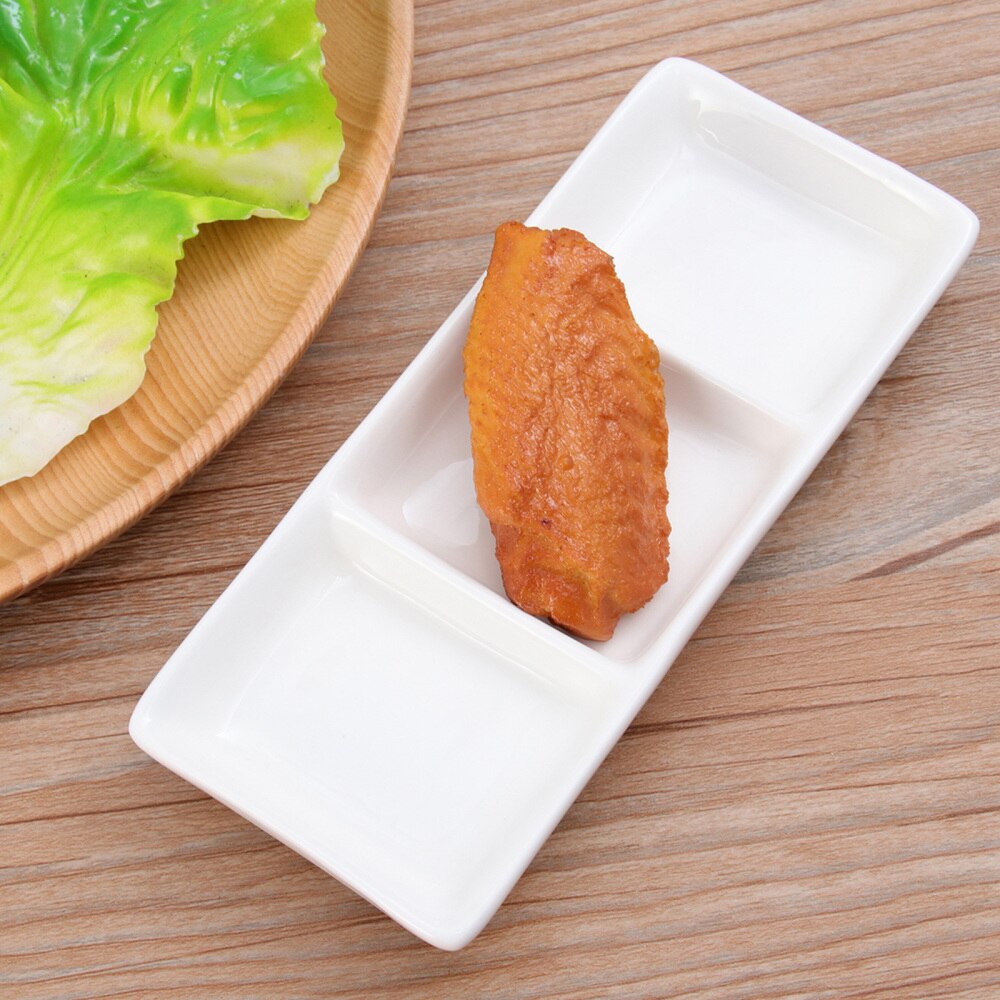 6 Inch Pure White Ceramic 3-Compartment Appetizer Serving Tray Rectangular Divided Sauce Dishes for Spice Dish Soy Sauce