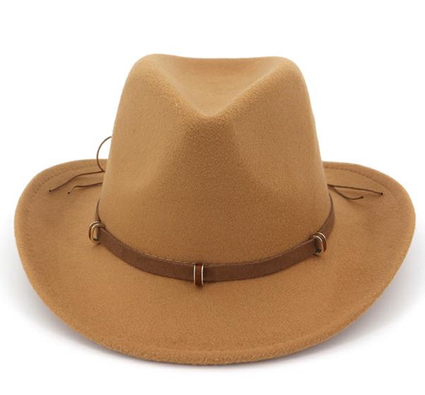 Læder dekoreret vestlig cowboy hat uldfilt jazz fedora hatte brede kant panama formel top cap sombreros til mænd kvinder: Kamel