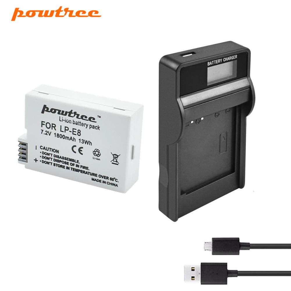 Powtree-batería para Canon LP-E8 LP E8 LPE8 DSLR, batería para cámara Digital + cargador de repuesto EOS 600D 650D 550D 700D T4i T5i Rebel: 1BATTERY LCD
