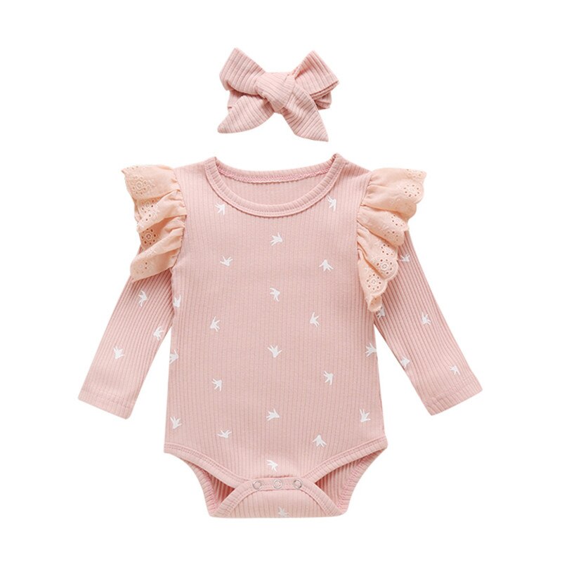 Primavera otoño mameluco del bebé, Infantil cuello redondo de manga larga de encaje body y Headwear traje de dos piezas para niños pequeños niños niñas